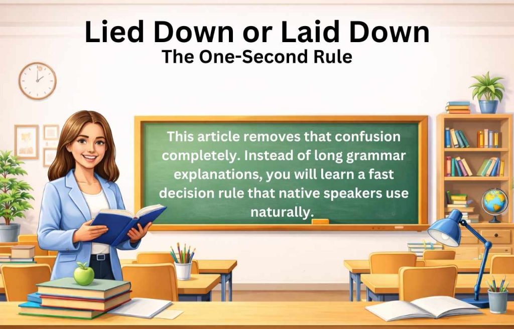 Learn the simple one-second rule to master Lied Down or Laid Down with clear examples, easy logic, and zero grammar confusion.
