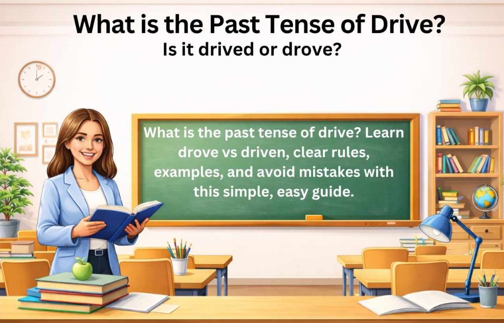 Past tense of drive guide showing difference between drove and driven with easy sentences for learners and English grammar usage explanation