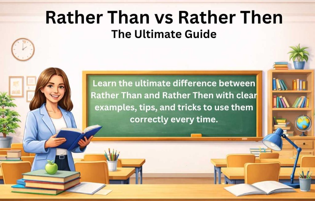Example sentence comparison highlighting correct usage of ‘Rather Than’ versus ‘Rather Then’ in writing and conversation.