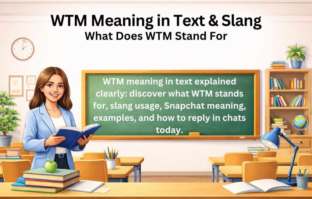 Social media slang WTM meaning illustration showing chat messages and examples of how WTM is used in Instagram and group chats
