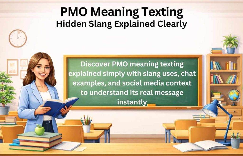 PMO slang meaning in texting showing positive usage “Put Me On” with TikTok and Snapchat style chat examples