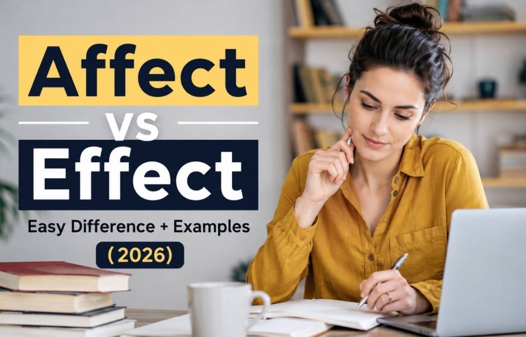 Affect vs Effect difference with simple examples (2026), featuring a student writing at a desk with books and a laptop, representing English grammar learning, confusing words, and writing improvement for beginners.