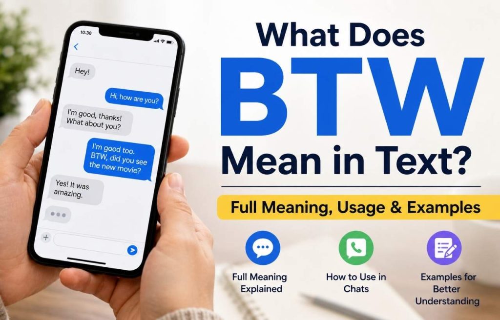 BTW meaning in text messages, showing smartphone chat examples and simple guide to usage in WhatsApp and social media.