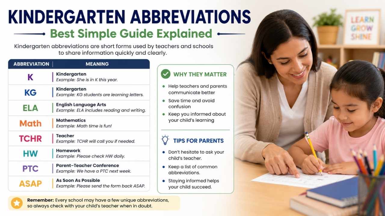 Kindergarten abbreviations are short forms used in education to represent different early learning