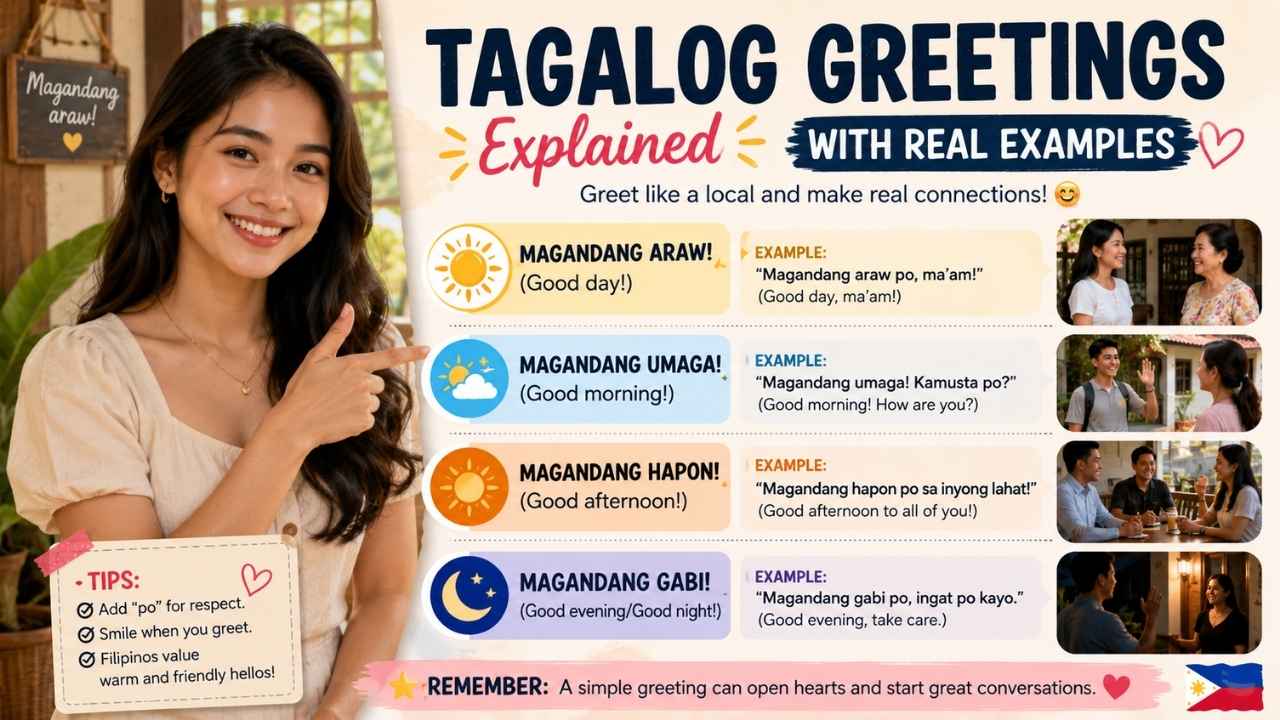 Tagalog greetings are simple words and phrases used by people in the Philippines to say hello, show respect, and start conversations.