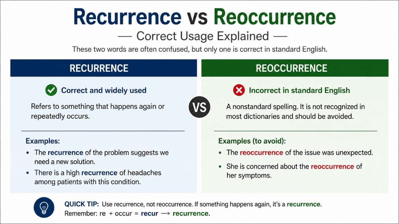 Many English learners get confused when they see recurrence vs reoccurrence, especially because both words seem to describe something happening again.