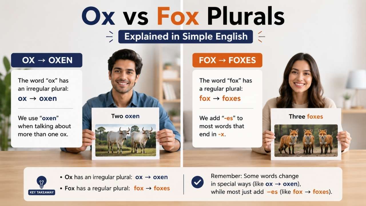 By the end, you will understand the difference between Ox vs Fox Plurals, and why one word follows an old form while the other follows a modern rule.