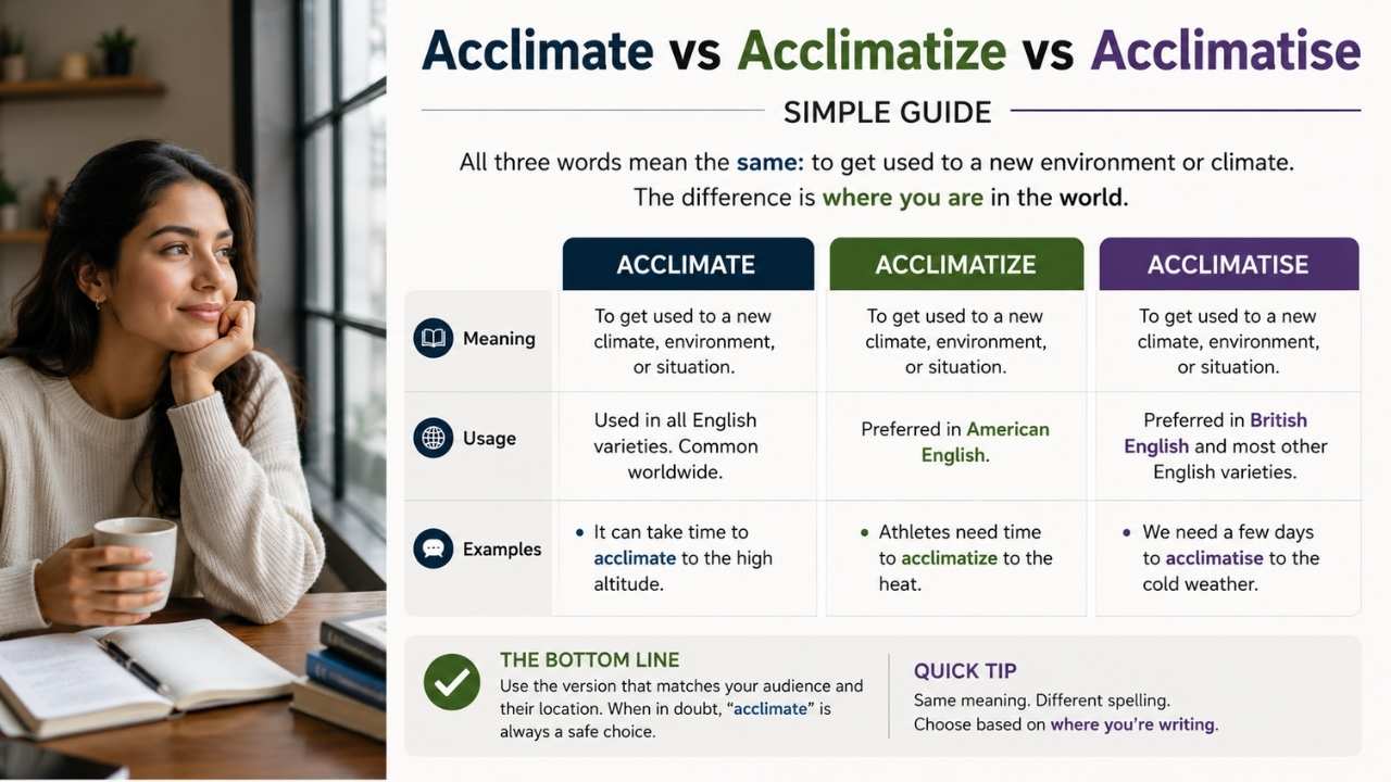 Many writers get confused when they see acclimate vs acclimatize, and acclimatise, but these words are closely related.