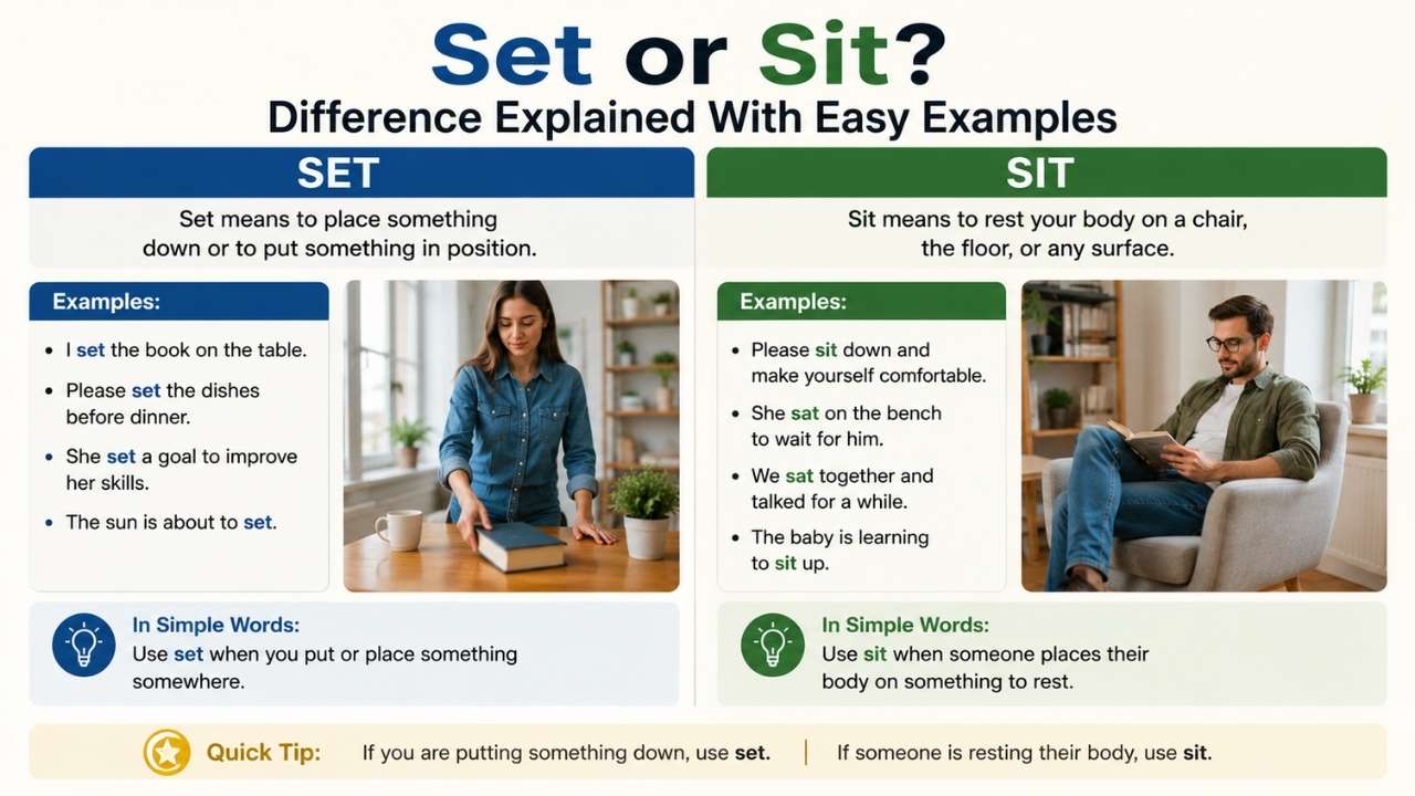 You will often see learners asking when to use sit or set in a sentence or searching for sit vs set examples.