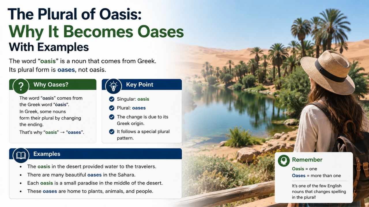 Many people ask, “What is the plural of oasis?” because the answer does not follow the regular English grammar rules that most plural nouns use.