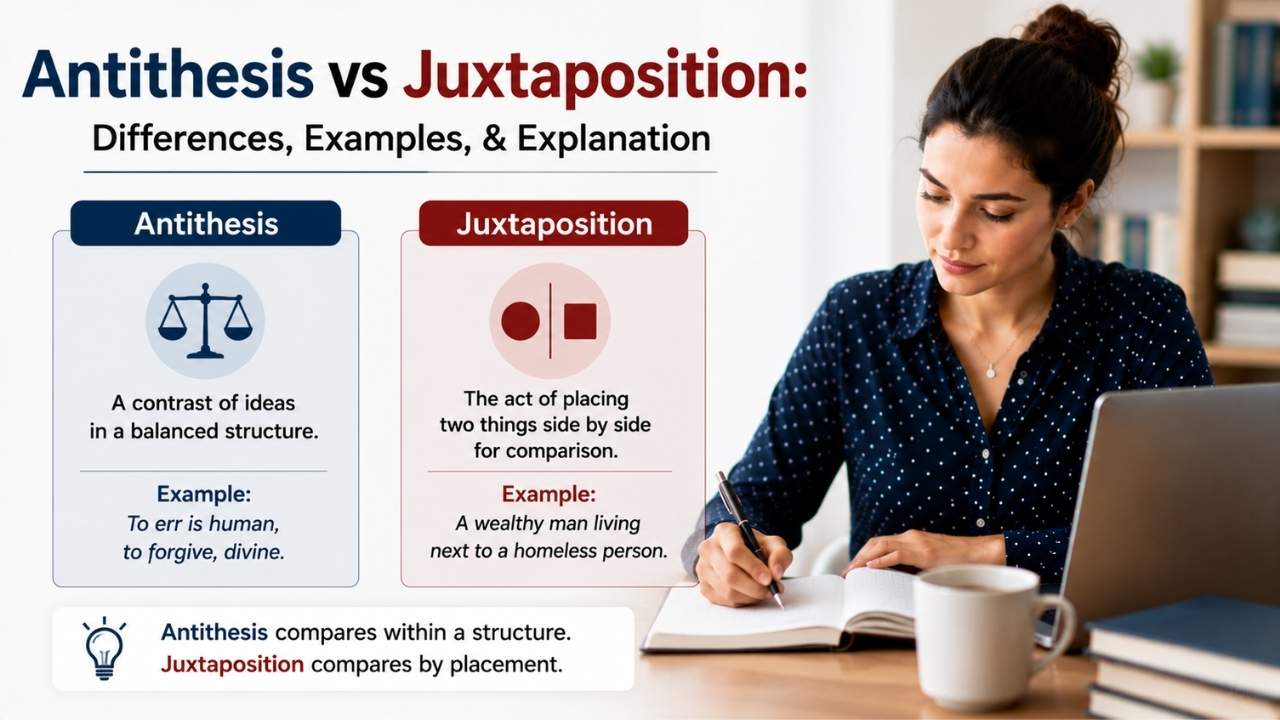 Both techniques show contrast, but they do it in different ways. Writers use antithesis vs juxtaposition to highlight ideas, emotions, or characters, but the method of contrast is not the same