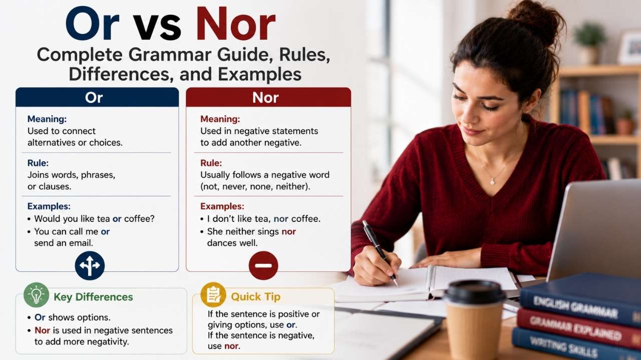 Many learners search for or vs nor grammar rules because both words connect ideas, yet they work in very different ways.