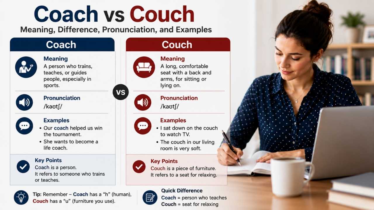 In this guide, you will clearly learn the difference between Coach vs Couch, their meanings, pronunciation, and real-life examples.